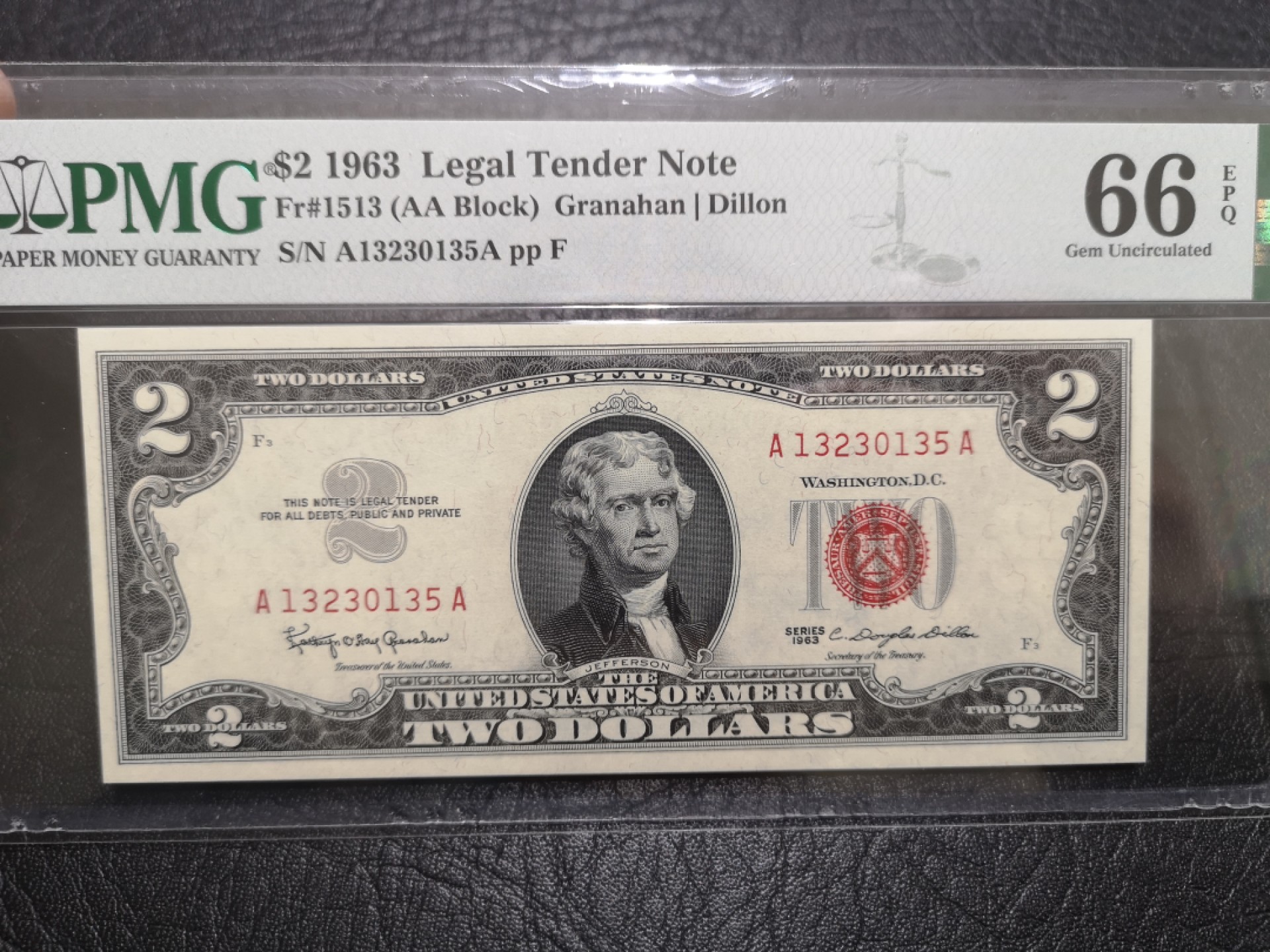 《外钞收藏家》第一百七十三期拍卖 1963年红库印2美元 PMG66 无47