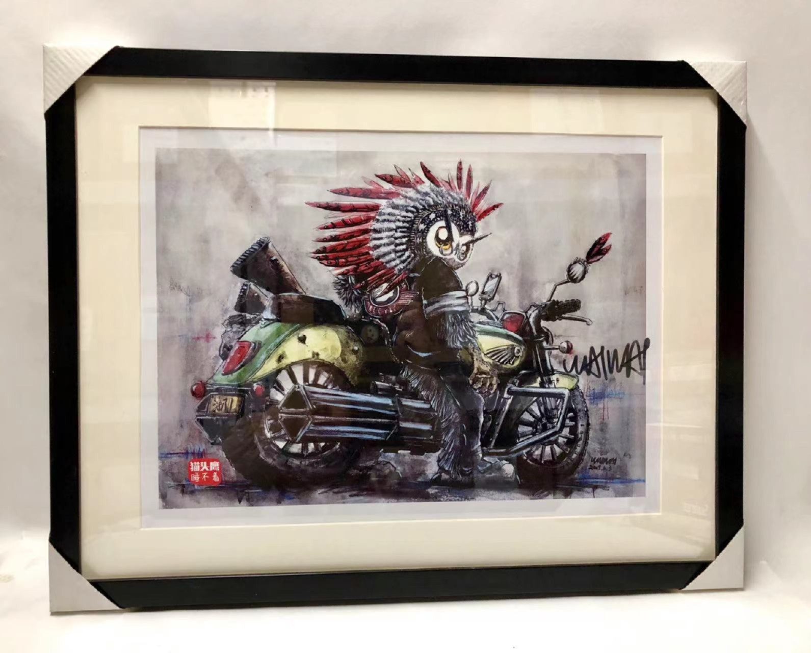 零元拍：歪歪亲笔签名复制画《酋长》，外框尺寸：53X41CM，拍品含精美镜框。