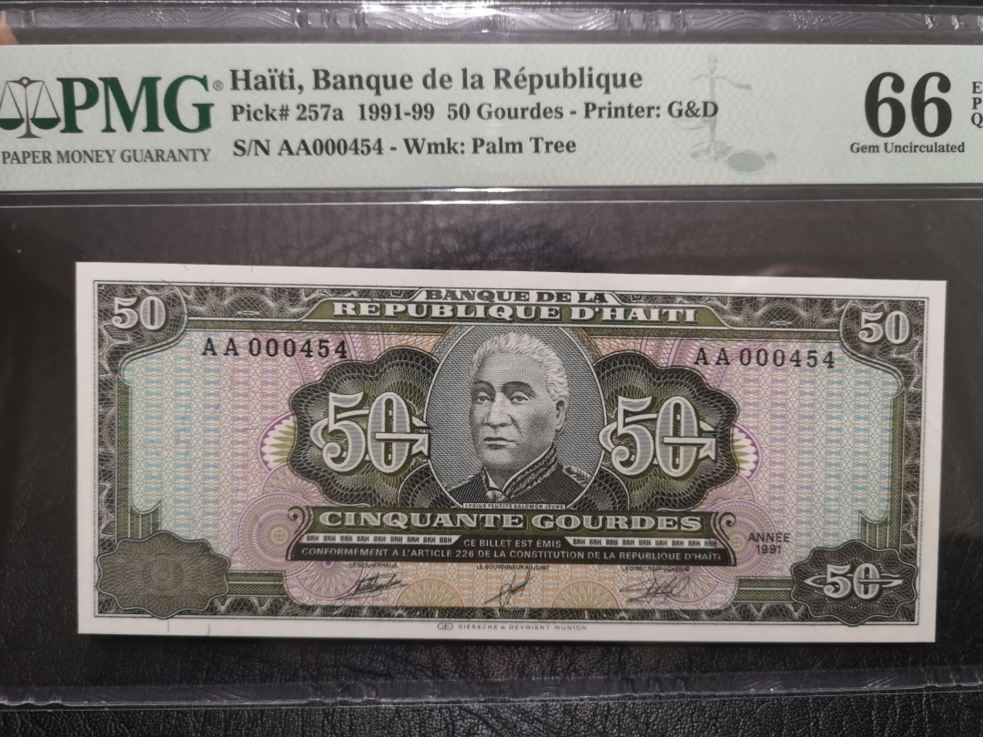 《外钞收藏家》第一百七十三期拍卖 1991年海地50 PMG66 AA冠百位号
