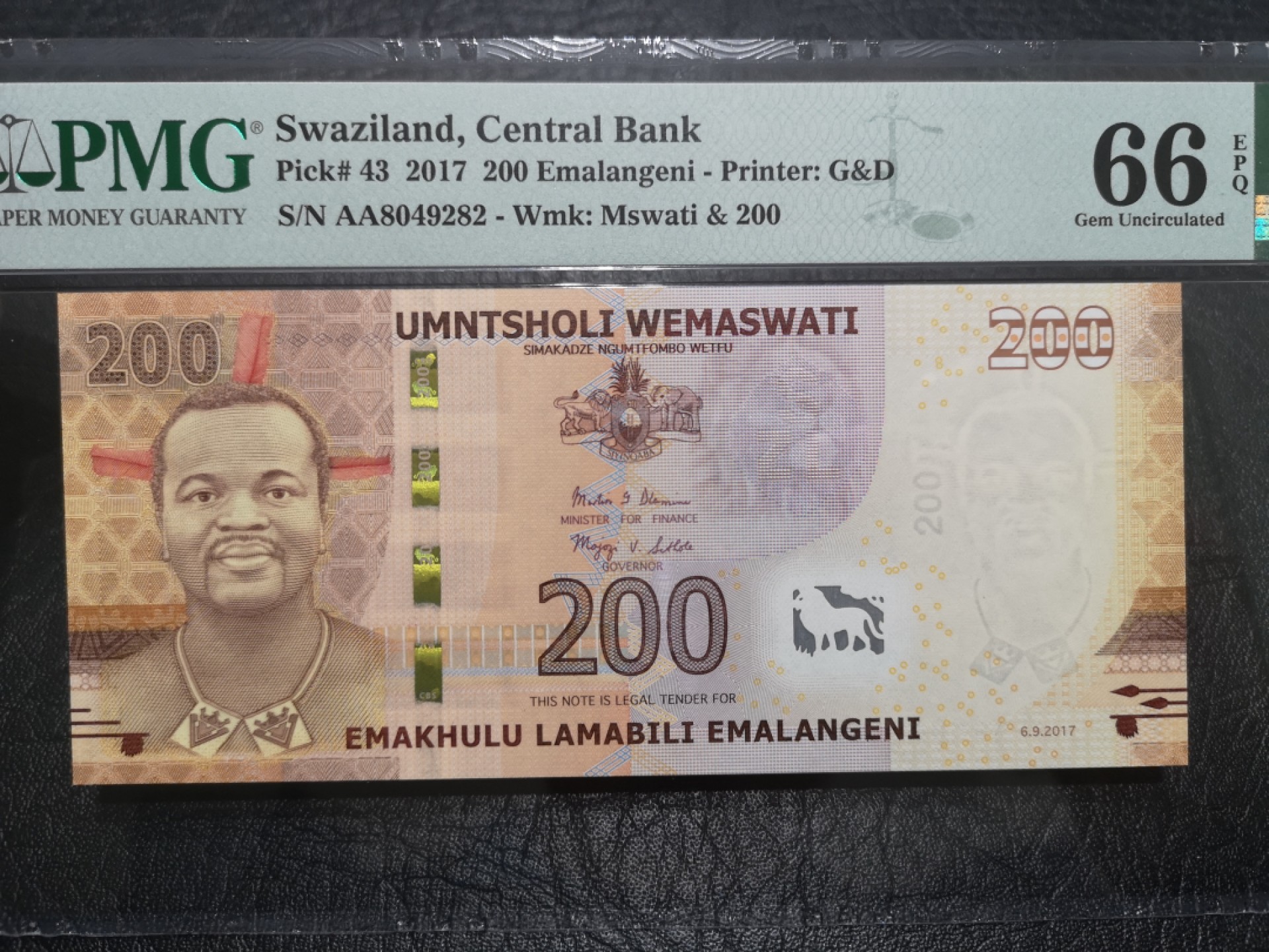 《外钞收藏家》第一百七十三期拍卖 2017年斯威士兰200 PMG66 AA冠