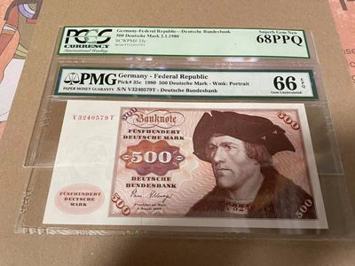 【Blue Auction】✨世界纸币精拍第173期——西欧盛宴（共80拍） - 【PCGS68EPQ剪壳】德国 1980年500马克 经典大副 PMG66EPQ 雕刻非常精美