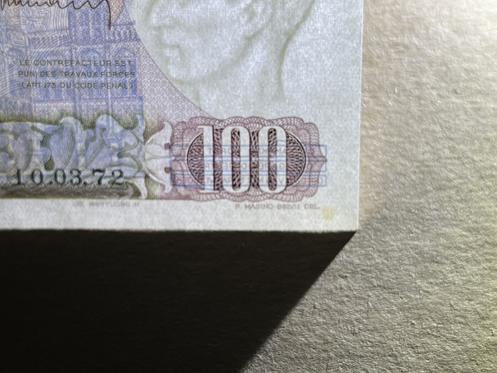 《张总收藏》54期——外币小精品场 比利时100法郎 UNC 1972年 比利时画家兰伯特·伦巴 右下角有一处黄斑