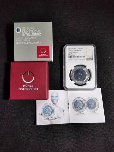 刘世昌艺术品销售中心～虎踞龙蟠*金杨在线联拍群第310期 - 奥地利2019年25欧元“人工智能”彩色银铌币（NGC MS70 串号：6153953-005）1枚，原盒证。此币荣获当年世界硬币大奖赛～“最佳双金属币”奖。