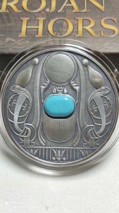 【海寧潮客户代拍】纽埃2021, 圣甲虫护身符, 50克加大(直径达50mm)镶嵌天然水草纹绿松石,高浮雕仿古银币, 盒证齐全