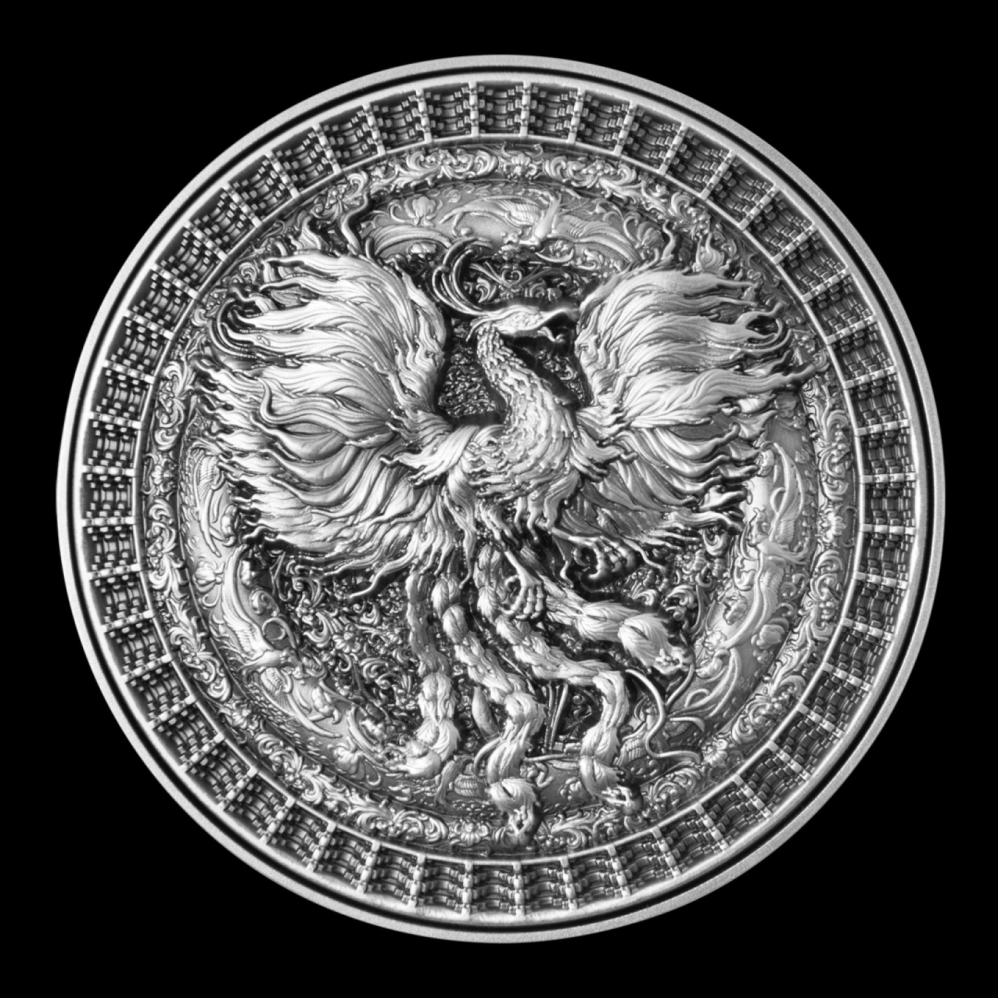 乍得2022年曼荼罗艺术凤凰2盎司高浮雕银铜纪念币