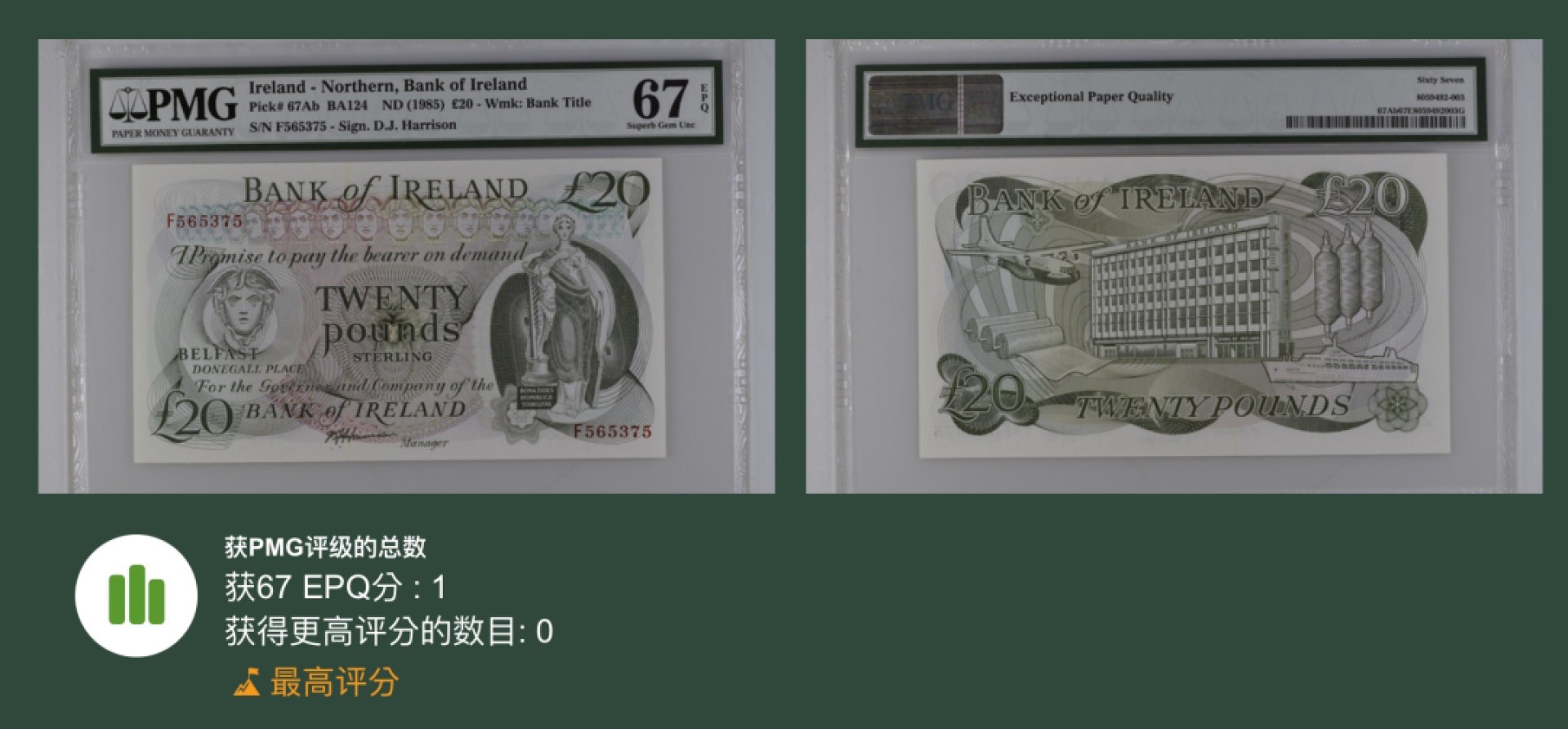《张总收藏》54期——外币小精品场 北爱尔兰20镑 PMG67E 1980年代早期版本 爱尔兰银行 冠军分