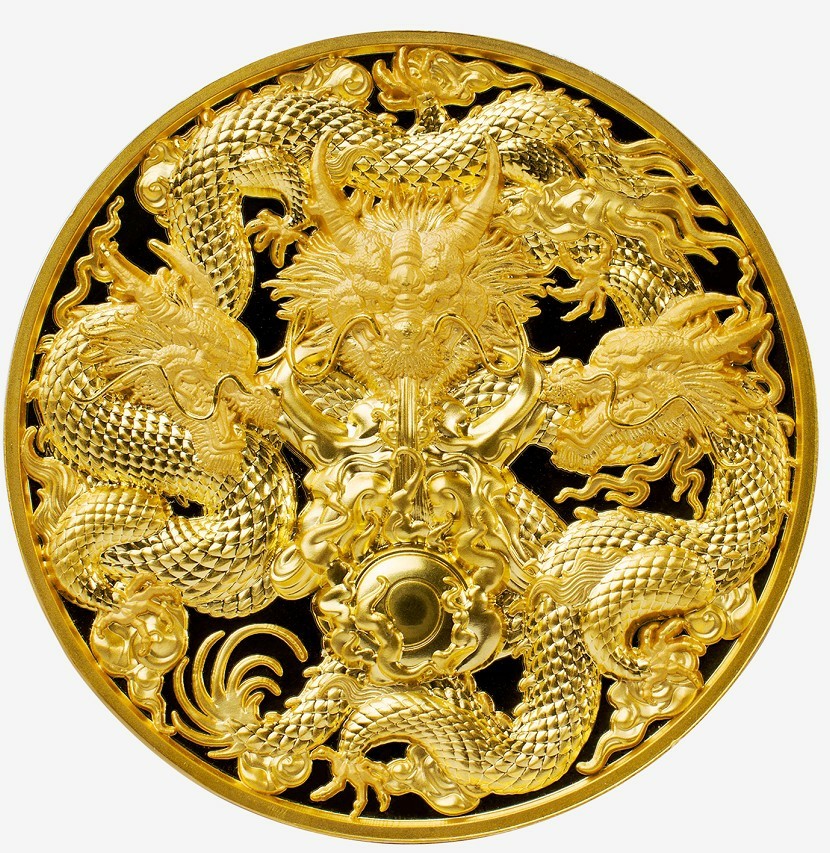 【海寧潮期货】乍得2022年三龙戏珠3盎司精制镀金高浮雕纪念银币