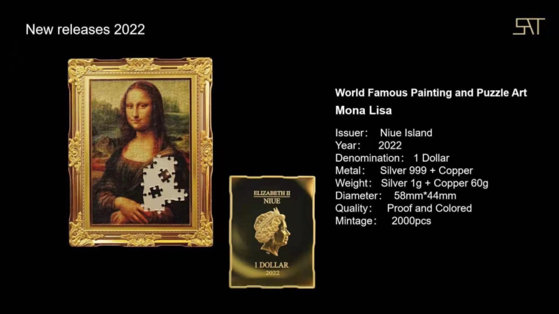 【海寧潮现货】纽埃2022年世界名画拼图艺术达芬奇蒙娜丽莎银币