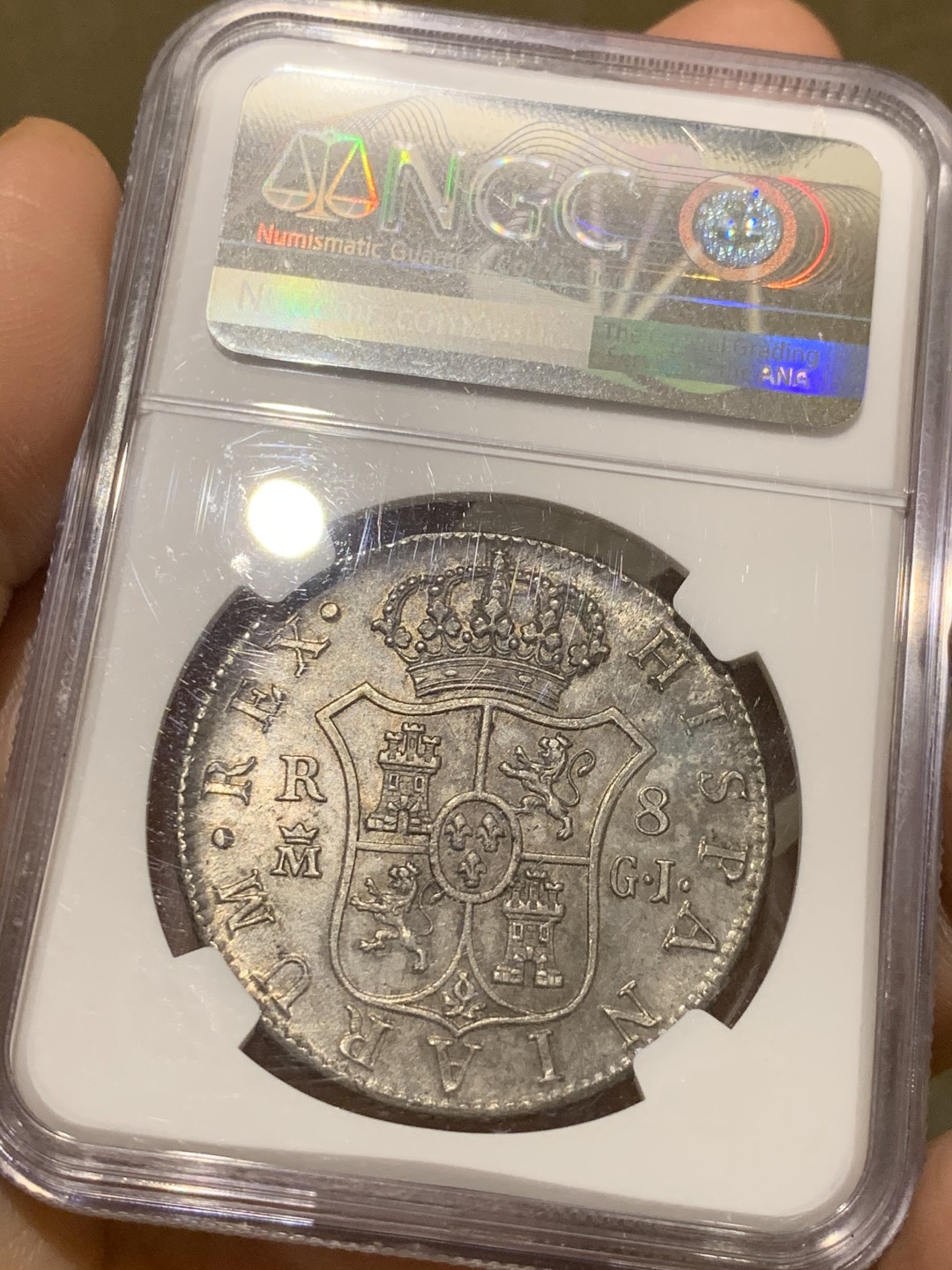 NGC-MS62 西班牙 1815年 8R 银币 季军分，五彩包浆带光，少见的本土品种，不是西属双柱