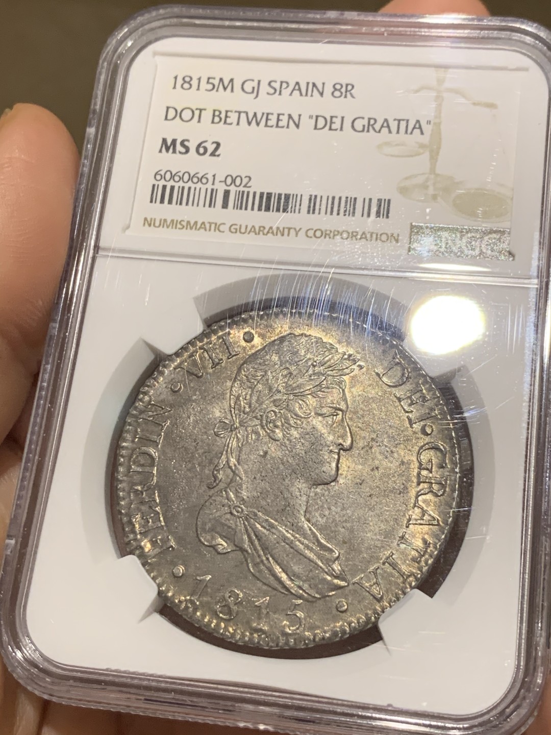 NGC-MS62 西班牙 1815年 8R 银币 季军分，五彩包浆带光，少见的本土品种，不是西属双柱