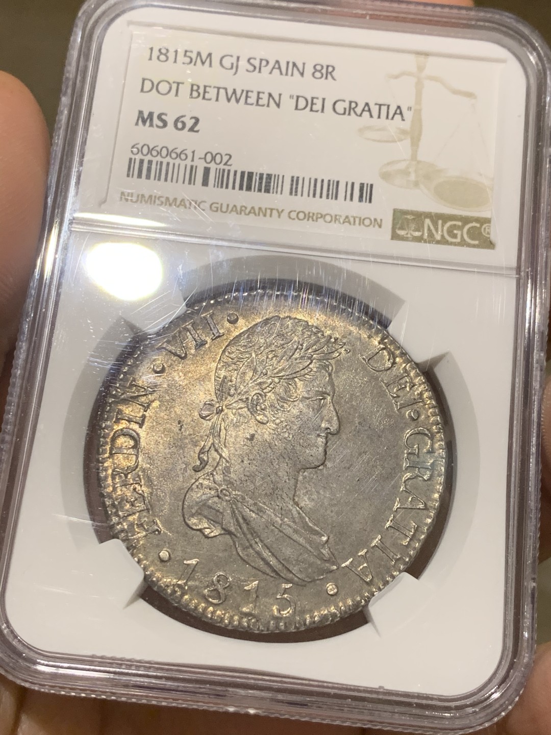 NGC-MS62 西班牙 1815年 8R 银币 季军分，五彩包浆带光，少见的本土品种，不是西属双柱