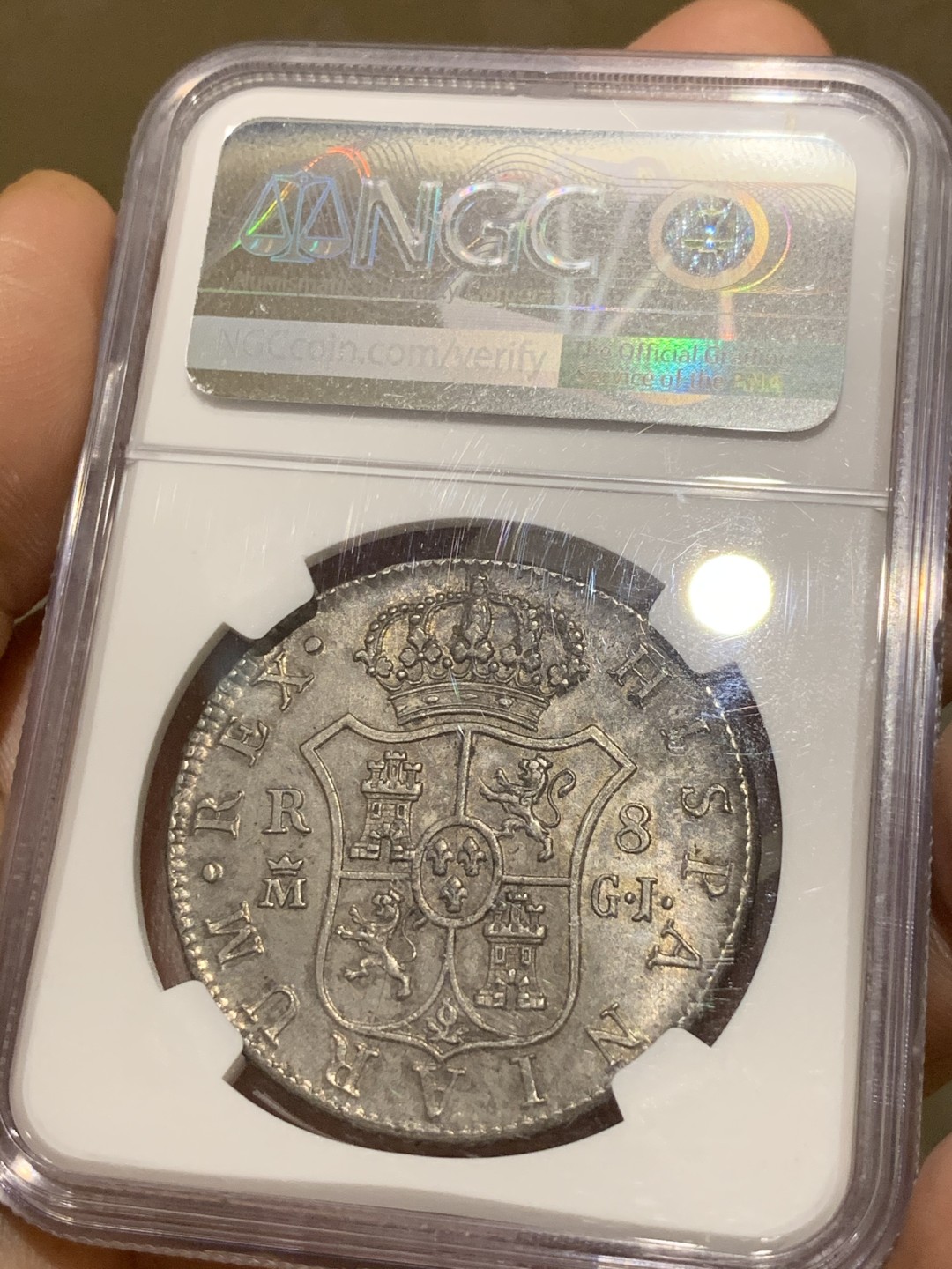 NGC-MS62 西班牙 1815年 8R 银币 季军分，五彩包浆带光，少见的本土品种，不是西属双柱