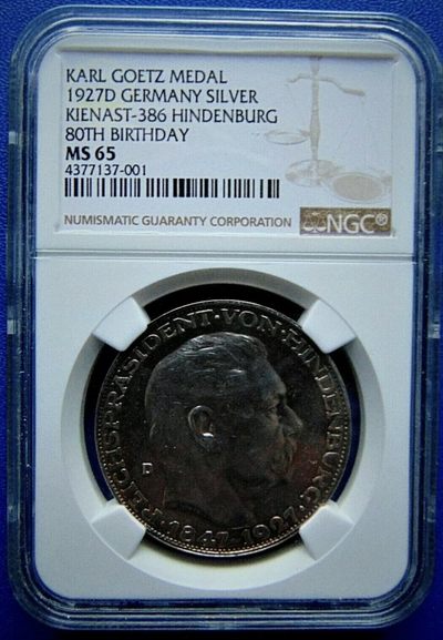 德国1927年D版兴登堡80大寿纪念银章 NGC MS 65 高分！ - 德国1927年D版兴登堡80大寿纪念银章 NGC MS 65 高分！