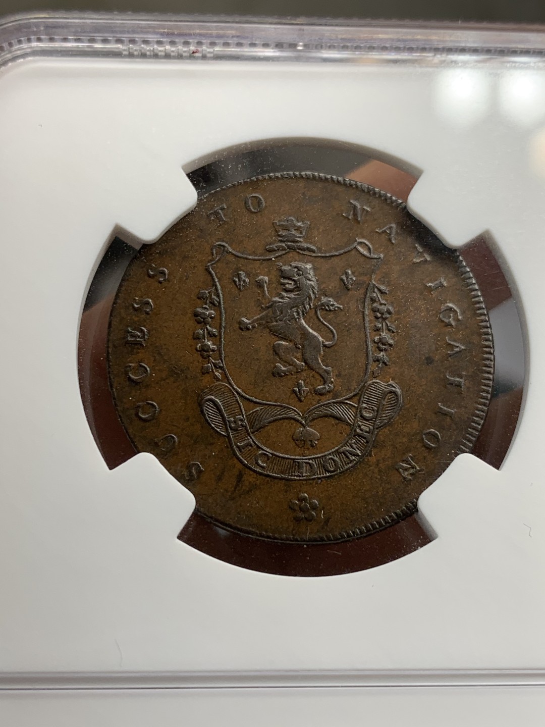 《竞宝斋》第46场-本周日，周一2场连拍（全场顺丰包邮） NGC MS63BN 冠军分 英国 1793年 曼切斯特兰开夏郡 半便士 代币 码头搬运工少见品种，PCGS第一名仅为XF40