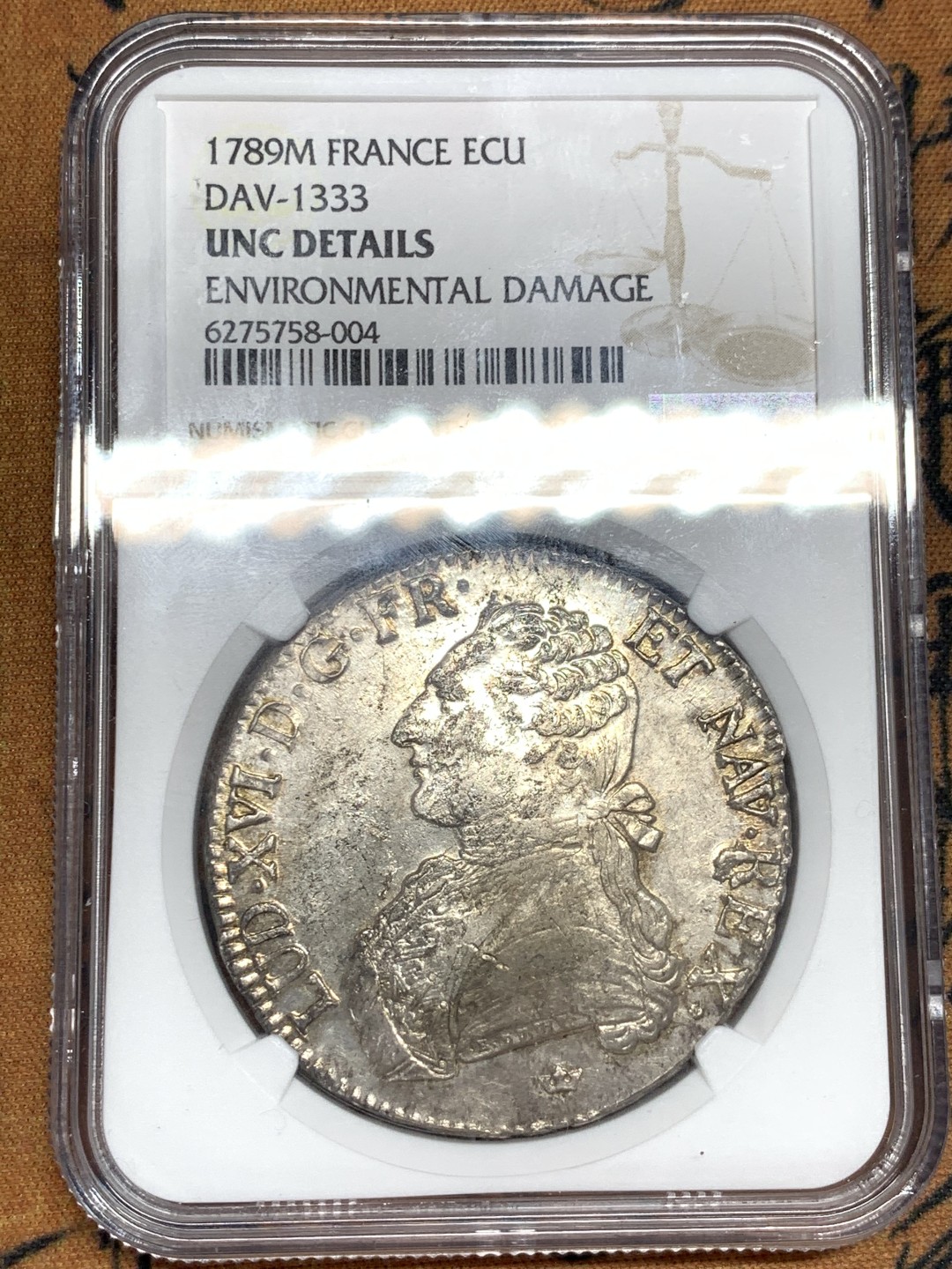 《竞宝斋》第46场-本周日，周一2场连拍（全场顺丰包邮） NGC UNCD 1789年路易十六埃居 少见UNC，深打无减重，状态不错