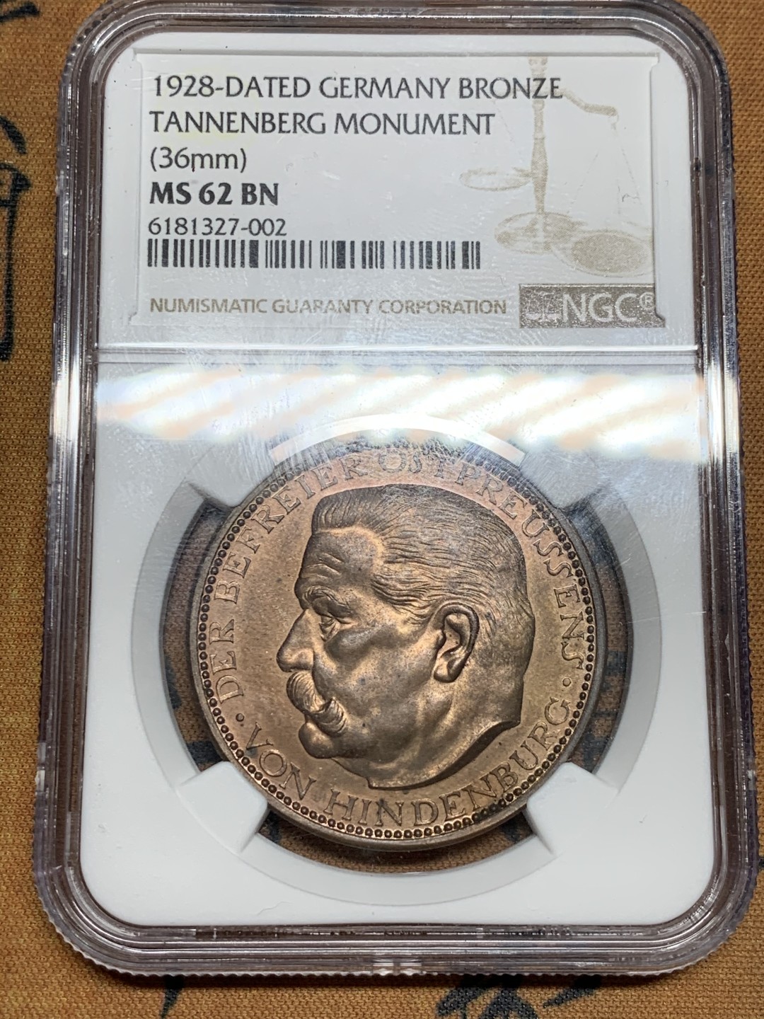 《竞宝斋》第46场-本周日，周一2场连拍（全场顺丰包邮） NGC MS62BN 德国 兴登堡头像 1928年 坦能堡大捷 纪念铜章