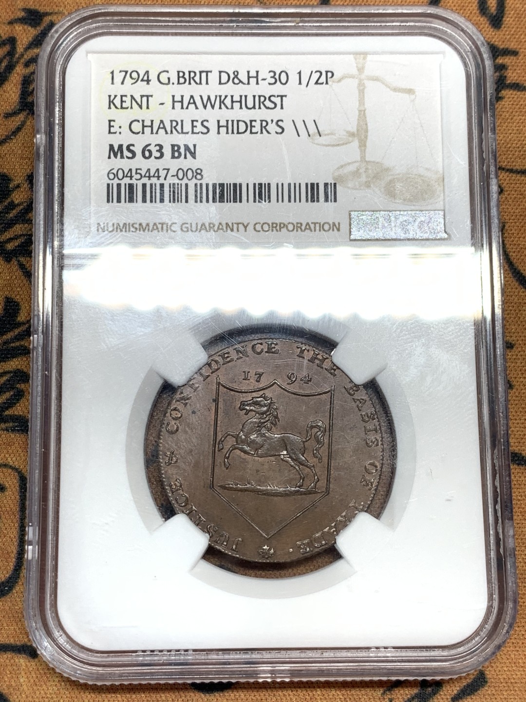 《竞宝斋》第46场-本周日，周一2场连拍（全场顺丰包邮） NGC MS63BN 1794年英国肯特·霍克赫斯特半便士TOKEN 奔马少见品种 NGC季军分