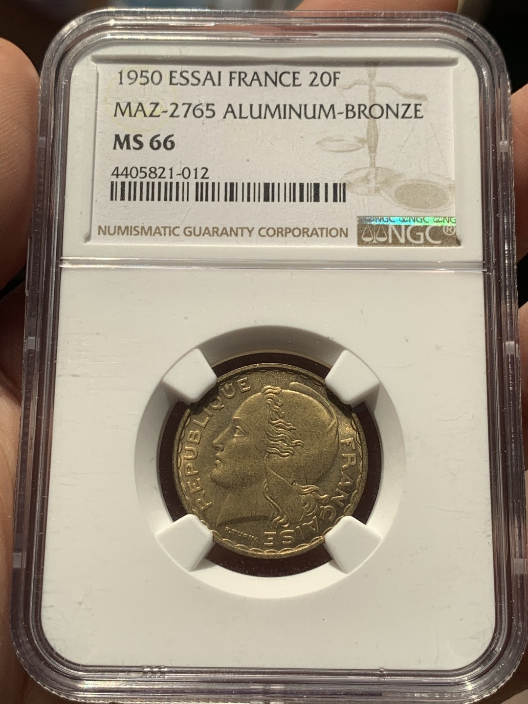 《竞宝斋》第46场-本周日，周一2场连拍（全场顺丰包邮） NGC MS66 法国 1950年 20法郎女神铜样币 MAZ-2765（NGC唯一冠军分）