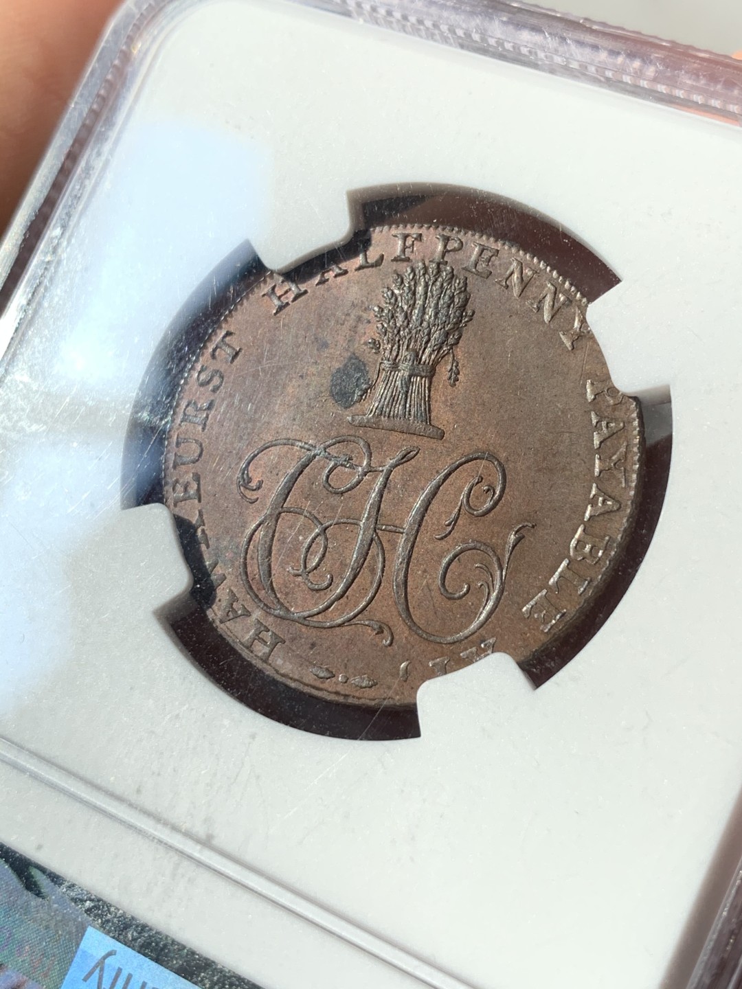 《竞宝斋》第46场-本周日，周一2场连拍（全场顺丰包邮） NGC MS63BN 1794年英国肯特·霍克赫斯特半便士TOKEN 奔马少见品种 NGC季军分