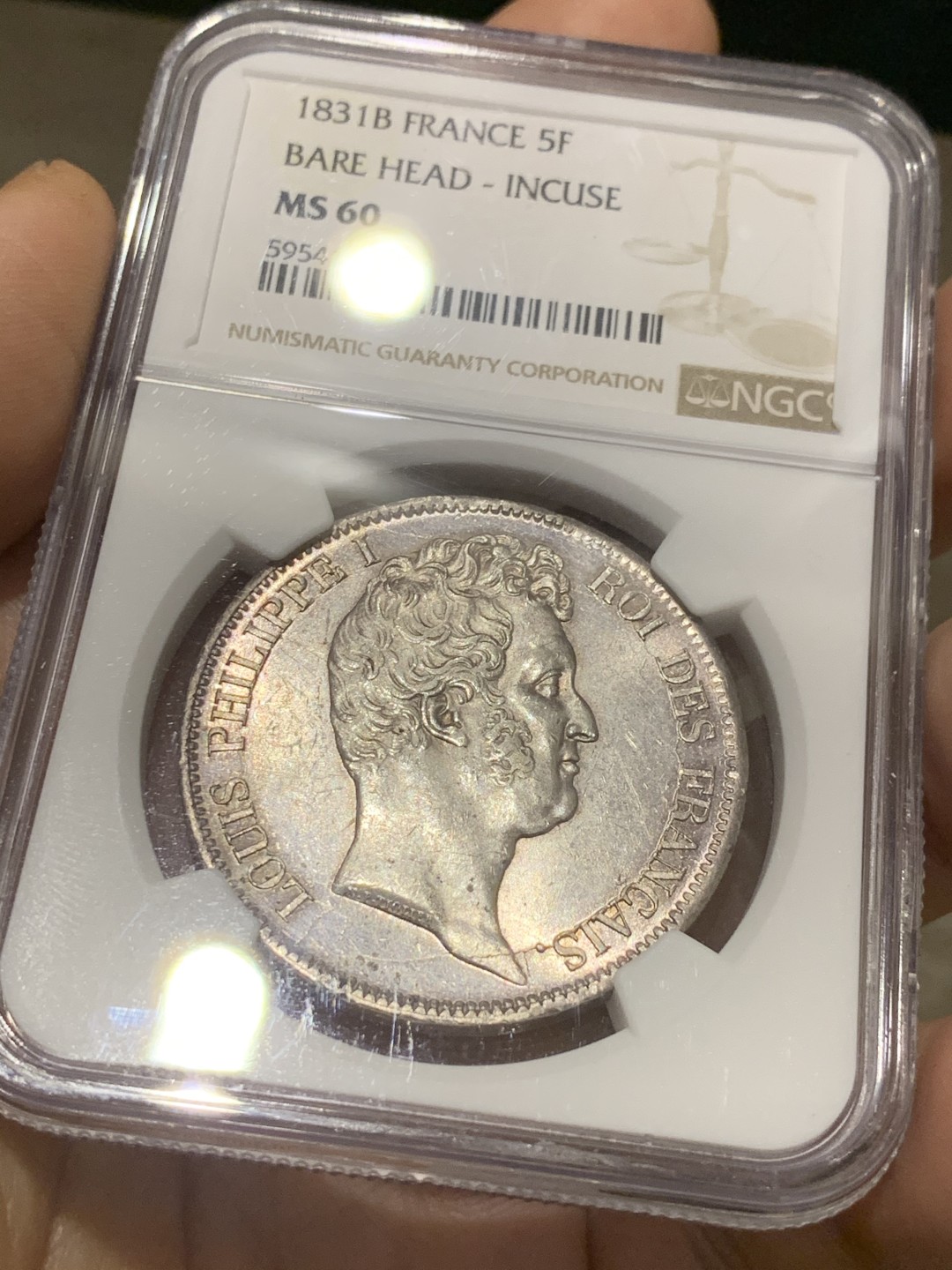 《竞宝斋》第46场-本周日，周一2场连拍（全场顺丰包邮） NGC-MS60 法国1831年菲利普 B厂 5法郎银币 无桂冠小头版，比后期的桂冠版少见 给分相当保守