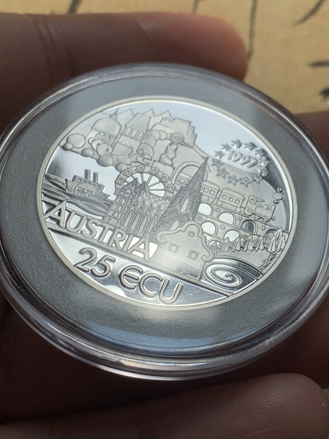 《竞宝斋》第46场-本周日，周一2场连拍（全场顺丰包邮） 1997年 奥地利25埃居 纪念音乐家舒伯特大银币