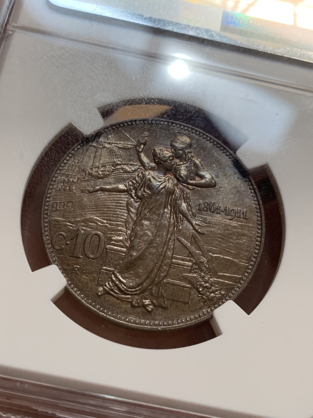 《竞宝斋》第46场-本周日，周一2场连拍（全场顺丰包邮） NGC MS63 BN 意大利 1911 年 10分 托奶 大铜币 高分好状态