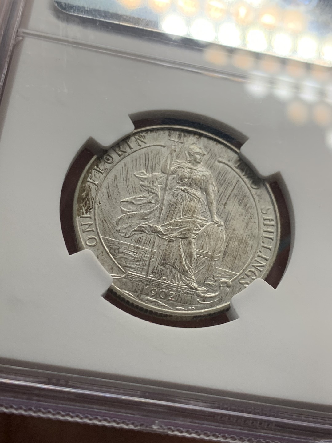 《竞宝斋》第46场-本周日，周一2场连拍（全场顺丰包邮） NGC PF63 MATTTE 英国1902年 爱七精制 海神弗洛林 银币 sir rodney sweetnam coll加收藏标签