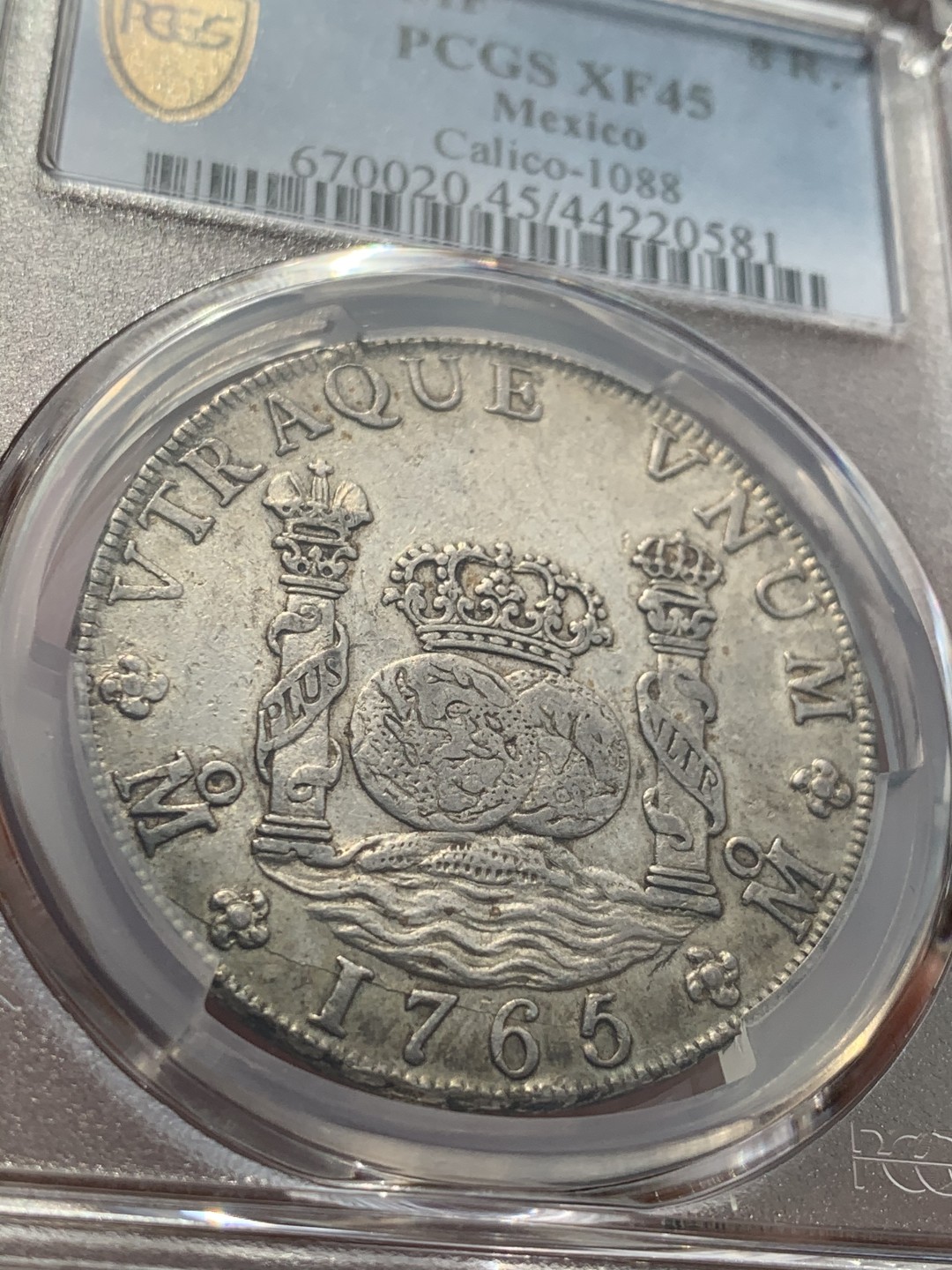 《竞宝斋》第46场-本周日，周一2场连拍（全场顺丰包邮） NGC-XF45  墨西哥地球1765  8 里亚尔  原味彩光  国外大拍都是一千多刀起  收藏最佳选择