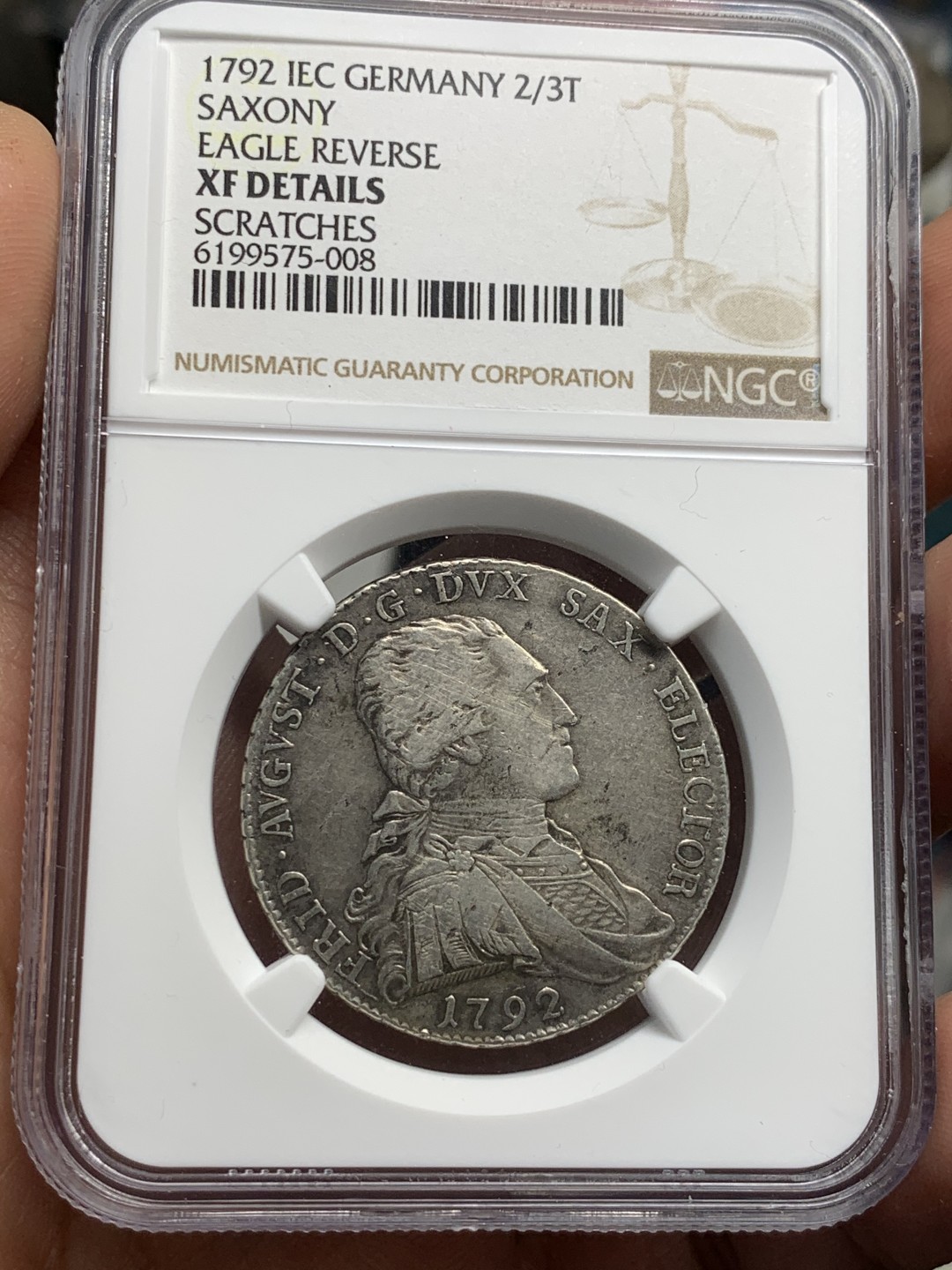 《竞宝斋》第46场-本周日，周一2场连拍（全场顺丰包邮） NGC 评级 德国萨克森 1792年 2/3 泰勒 银币 细节非常的好