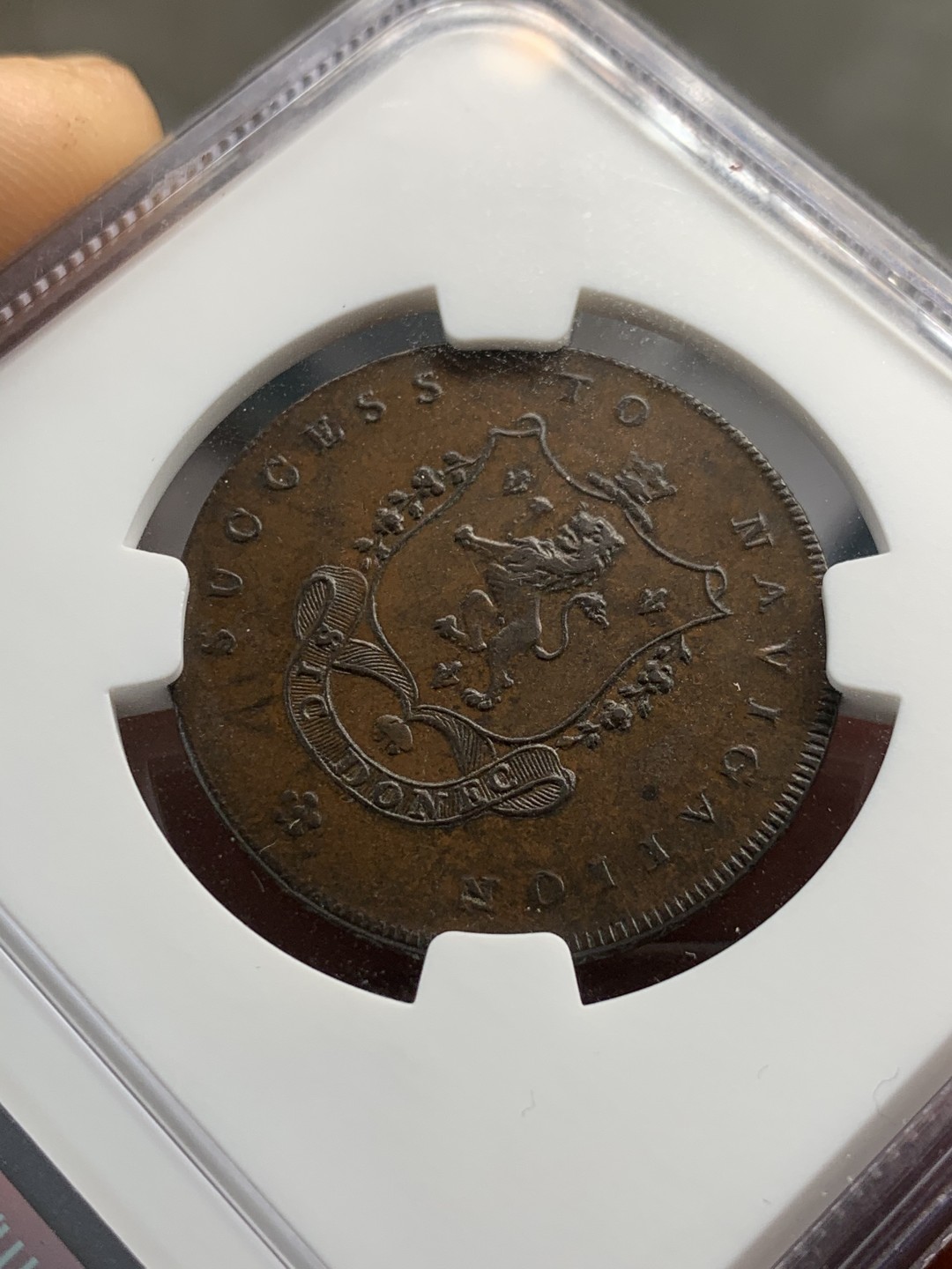 《竞宝斋》第46场-本周日，周一2场连拍（全场顺丰包邮） NGC MS63BN 冠军分 英国 1793年 曼切斯特兰开夏郡 半便士 代币 码头搬运工少见品种，PCGS第一名仅为XF40