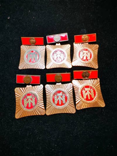 环球拾萃——号角文化小徽章专场拍卖第3期 - 东德7年计划中取得社会主义模范劳动集体荣誉称号6枚  年份在挂上