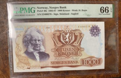 1985年挪威1000克朗，PMG66分，名誉品易卜生！