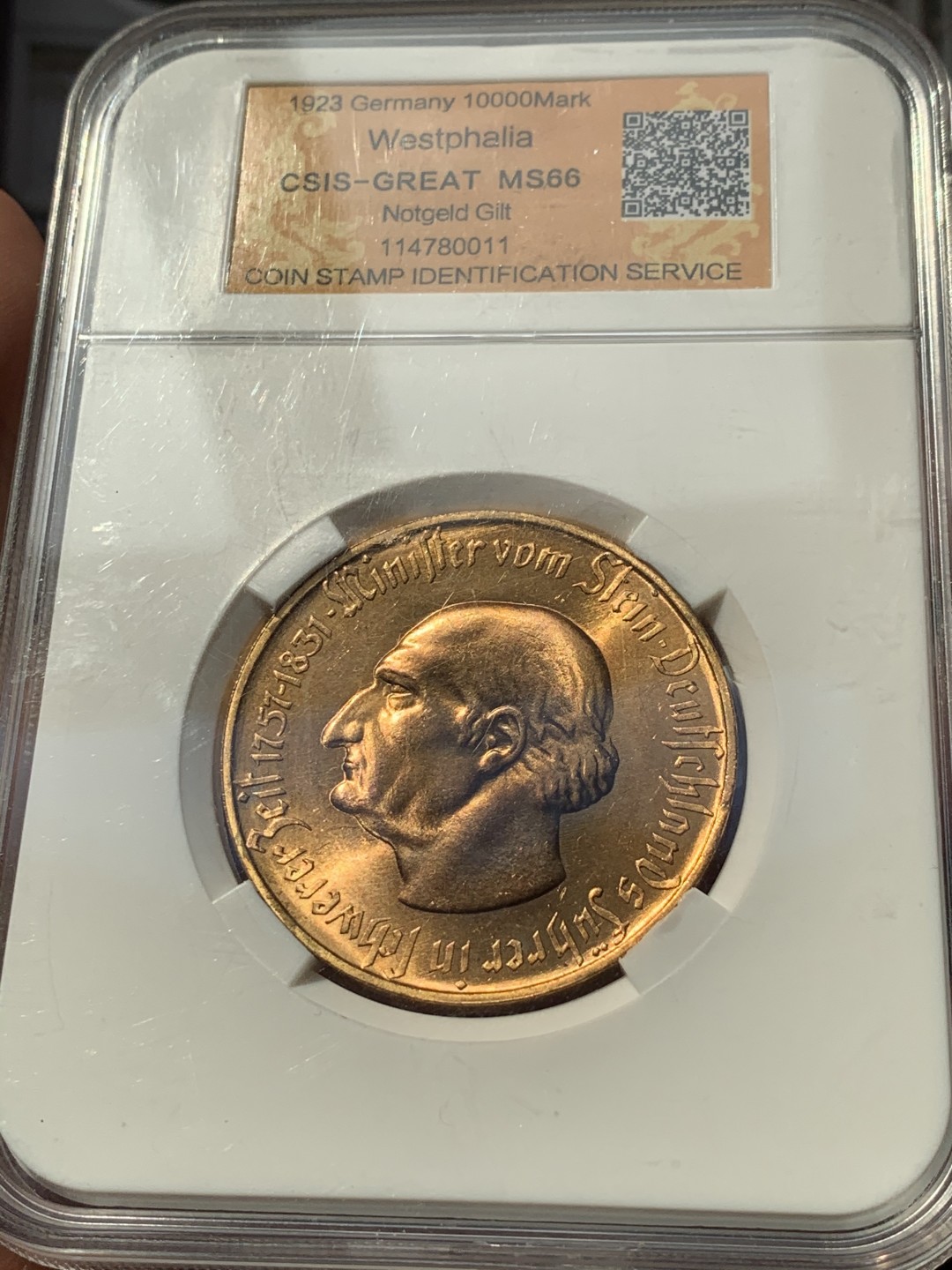 《竞宝斋》第46场-本周日，周一2场连拍（全场顺丰包邮） CSIS-GREAT MS66 德国 1923年 威斯特法伦紧急状态10000马克镀金铜币 信泰评级成立初始裸币送评的一枚，信泰初期严评