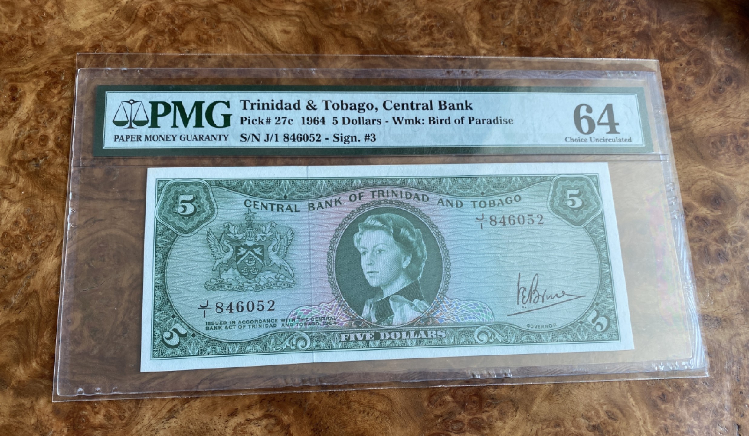 Chase Auction 第6期- - 中外纸币、硬币、民国钞联拍！ 1964年特立尼达和多巴哥5元，PMG64，稀少品种！