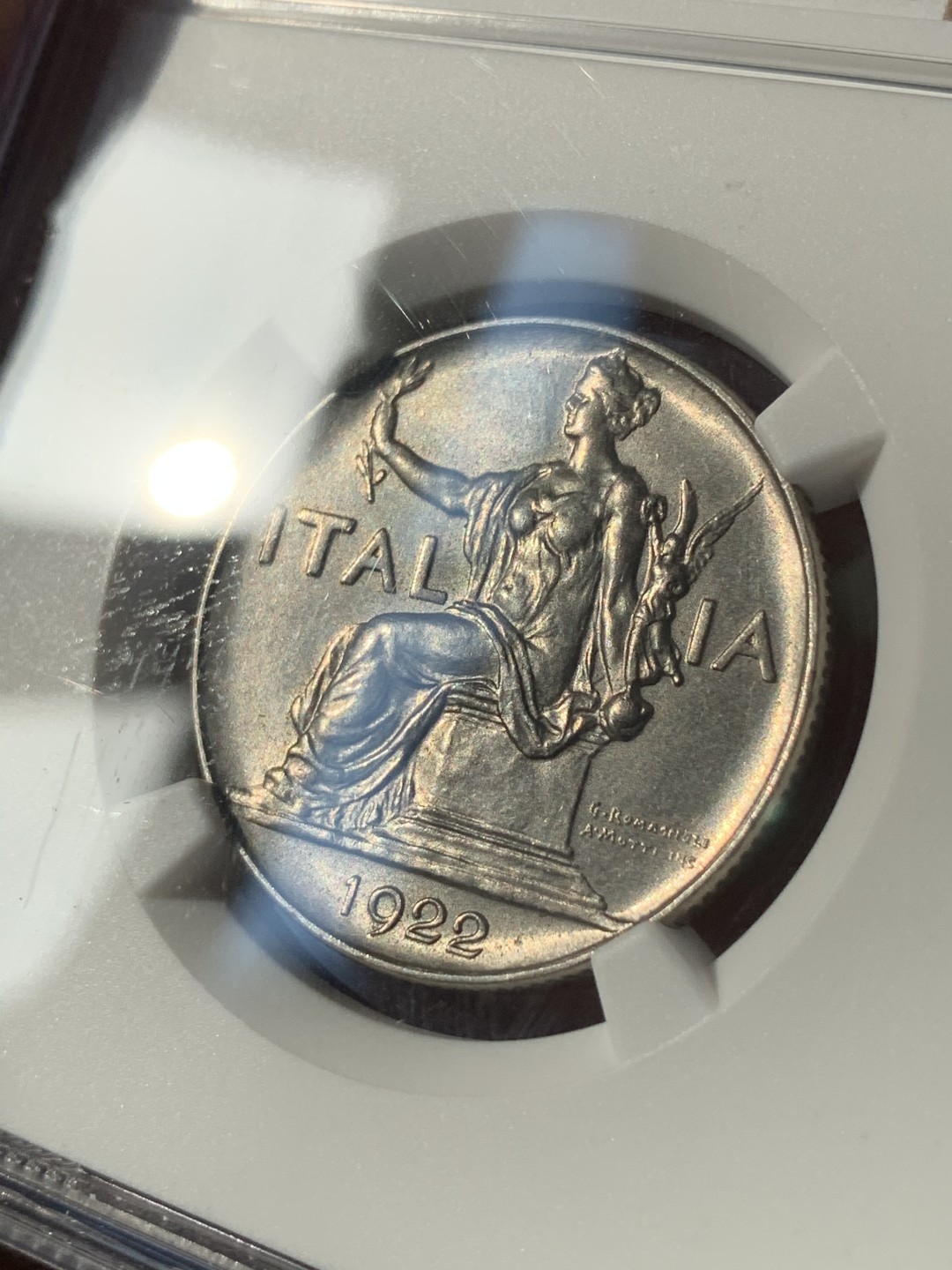 《竞宝斋》第46场-本周日，周一2场连拍（全场顺丰包邮） NGC AU58 意大利1922年谷物和平女神1里拉盾牌镍币