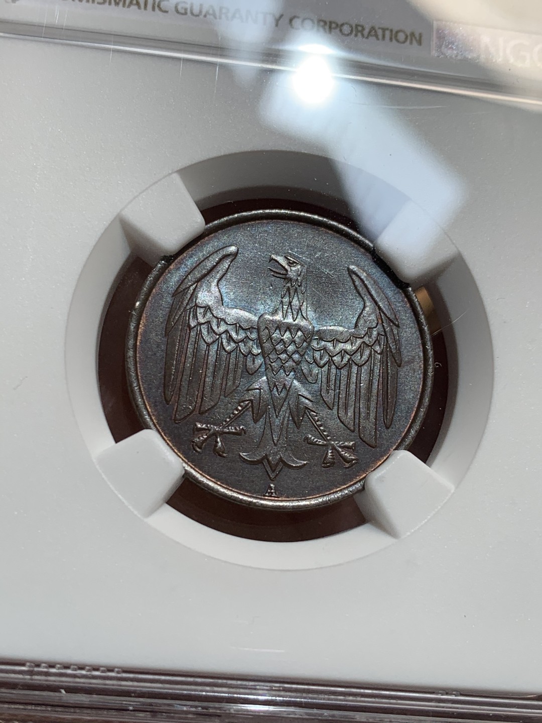 《竞宝斋》第46场-本周日，周一2场连拍（全场顺丰包邮） NGC-MS63BN 魏玛4芬尼铜币1932A 底板丝滑 醇厚巧克力包浆