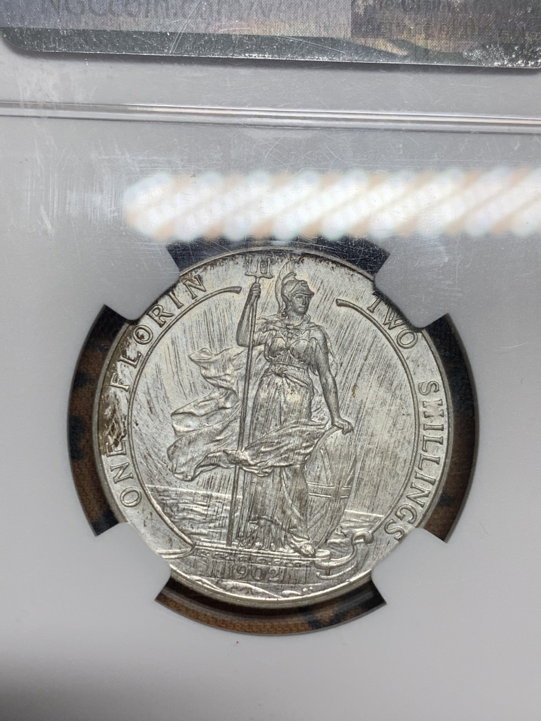 《竞宝斋》第46场-本周日，周一2场连拍（全场顺丰包邮） NGC PF63 MATTTE 英国1902年 爱七精制 海神弗洛林 银币 sir rodney sweetnam coll加收藏标签