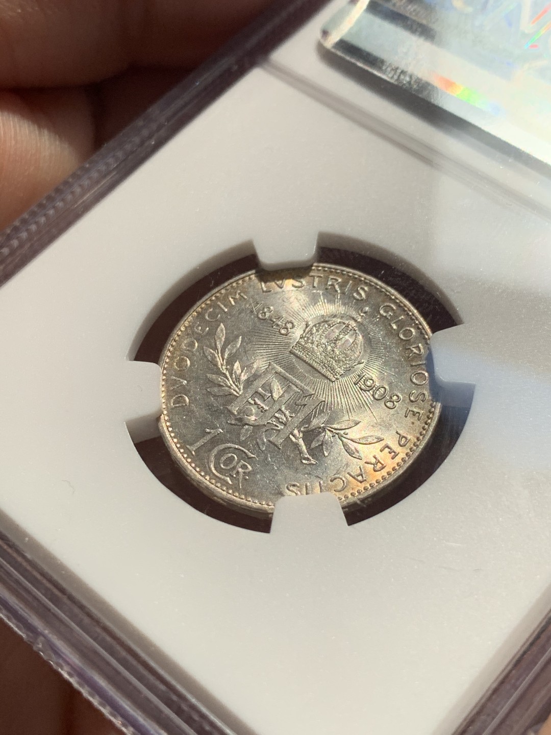 《竞宝斋》第46场-本周日，周一2场连拍（全场顺丰包邮） NGC MS63 淡彩车轮光奥地利1908年60周年建国纪念银币