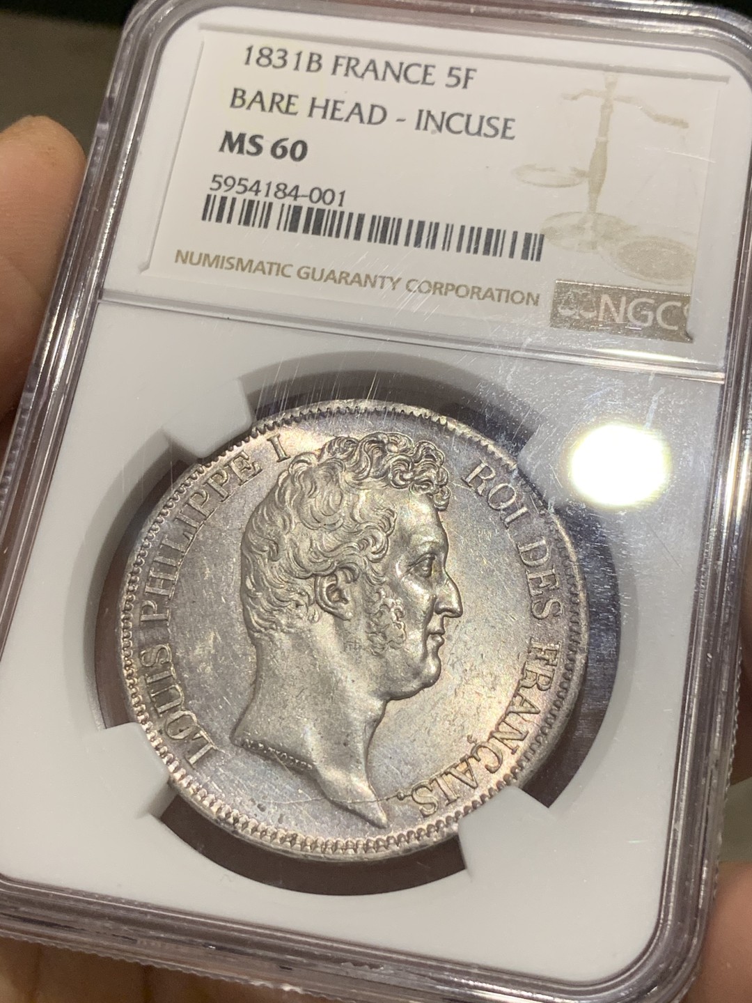 《竞宝斋》第46场-本周日，周一2场连拍（全场顺丰包邮） NGC-MS60 法国1831年菲利普 B厂 5法郎银币 无桂冠小头版，比后期的桂冠版少见 给分相当保守