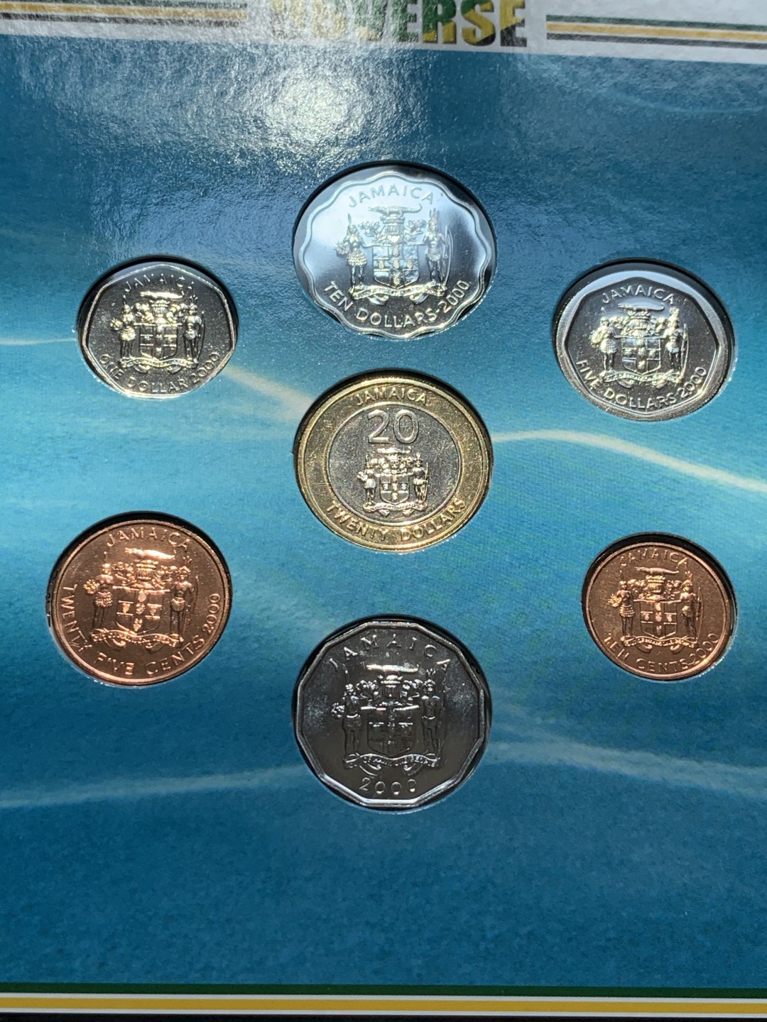 《竞宝斋》第46场-本周日，周一2场连拍（全场顺丰包邮） 牙买加2000年清年份官方原装7枚套币BU 1分-20元 克劳斯编号MS21 国内稀见！