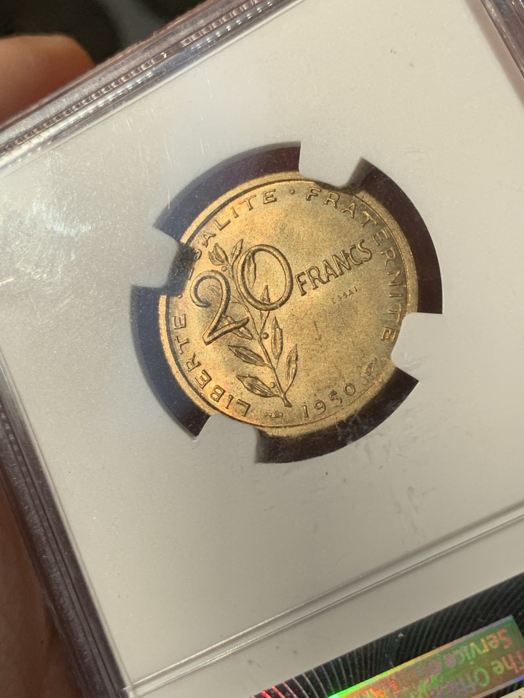 《竞宝斋》第46场-本周日，周一2场连拍（全场顺丰包邮） NGC MS65 法国 1950年 20法郎女神铜样币 MAZ-2762（NGC唯一冠军分）