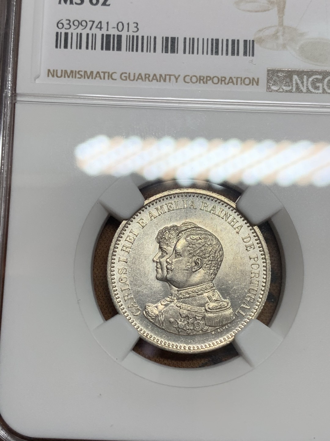 《竞宝斋》第46场-本周日，周一2场连拍（全场顺丰包邮） NGC MS62 葡萄牙1898年200瑞斯银币 光线十足