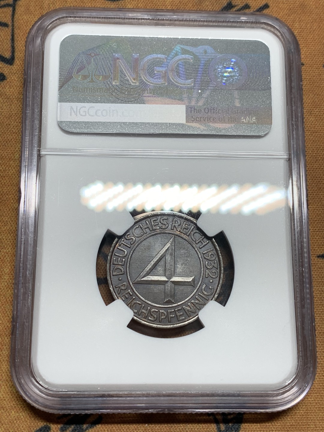 《竞宝斋》第46场-本周日，周一2场连拍（全场顺丰包邮） NGC-MS63BN 魏玛4芬尼铜币1932A 底板丝滑 醇厚巧克力包浆