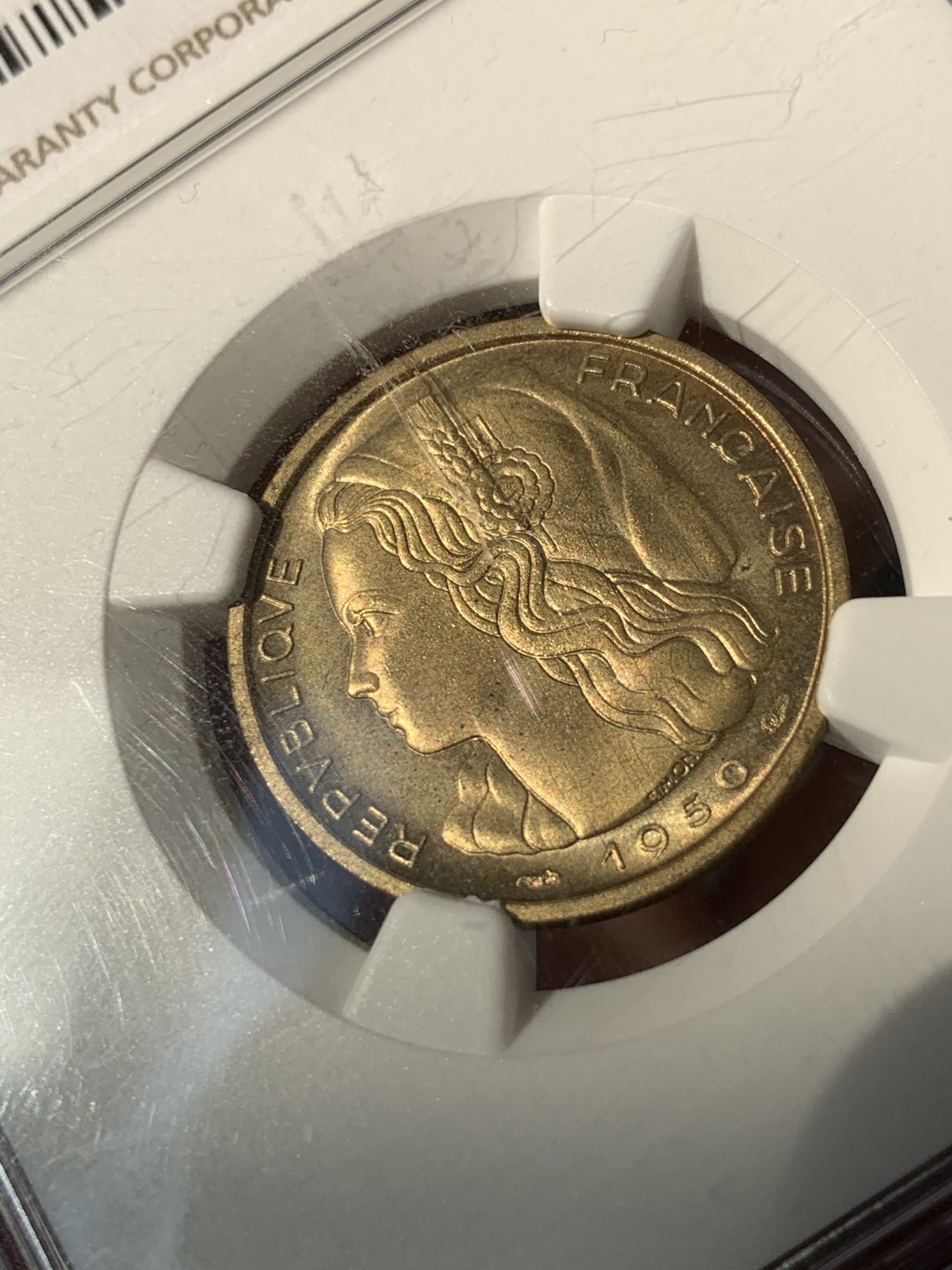 《竞宝斋》第46场-本周日，周一2场连拍（全场顺丰包邮） NGC MS66 法国 1950年 20法郎女神铜样币 MAZ-2764（NGC唯一冠军分）