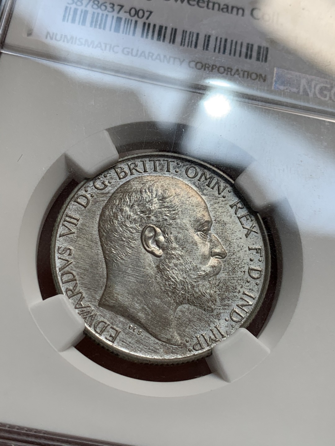 《竞宝斋》第46场-本周日，周一2场连拍（全场顺丰包邮） NGC PF63 MATTTE 英国1902年 爱七精制 海神弗洛林 银币 sir rodney sweetnam coll加收藏标签