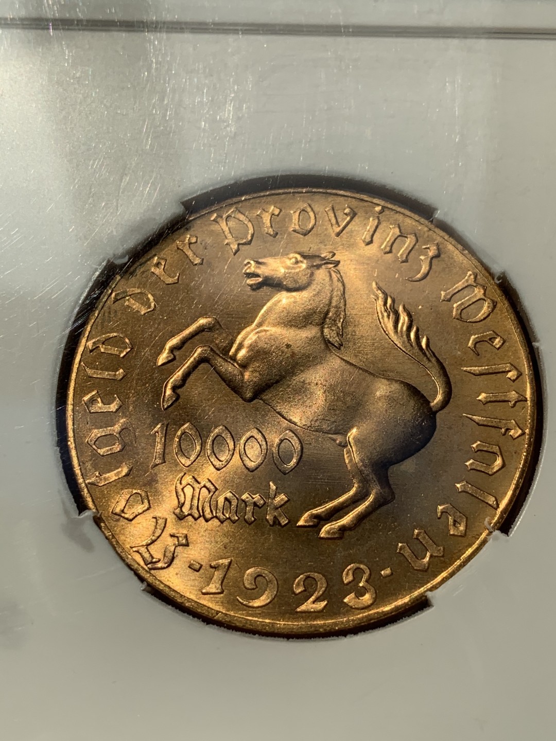 《竞宝斋》第46场-本周日，周一2场连拍（全场顺丰包邮） CSIS-GREAT MS66 德国 1923年 威斯特法伦紧急状态10000马克镀金铜币 信泰评级成立初始裸币送评的一枚，信泰初期严评