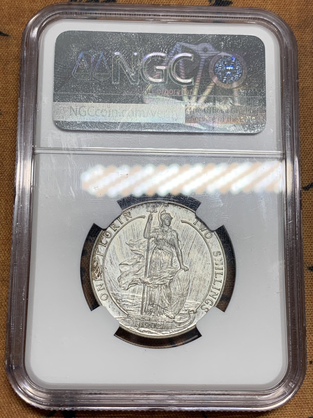 《竞宝斋》第46场-本周日，周一2场连拍（全场顺丰包邮） NGC PF63 MATTTE 英国1902年 爱七精制 海神弗洛林 银币 sir rodney sweetnam coll加收藏标签
