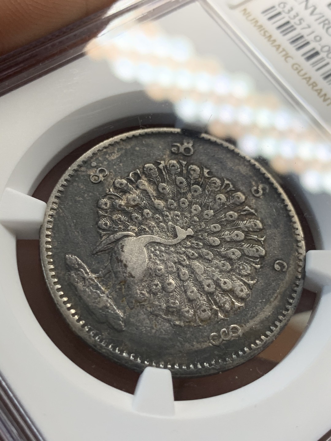 《竞宝斋》第46场-本周日，周一2场连拍（全场顺丰包邮） NGC-XFD 缅甸经典1852年孔雀大银币 此枚包浆醇厚色泽匀称自然