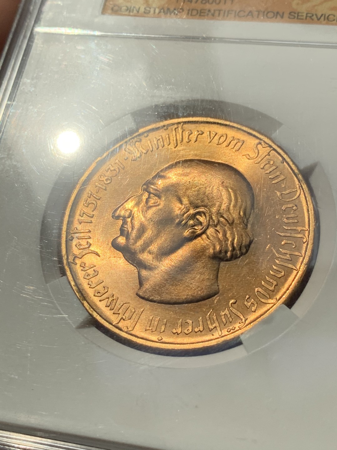 《竞宝斋》第46场-本周日，周一2场连拍（全场顺丰包邮） CSIS-GREAT MS66 德国 1923年 威斯特法伦紧急状态10000马克镀金铜币 信泰评级成立初始裸币送评的一枚，信泰初期严评