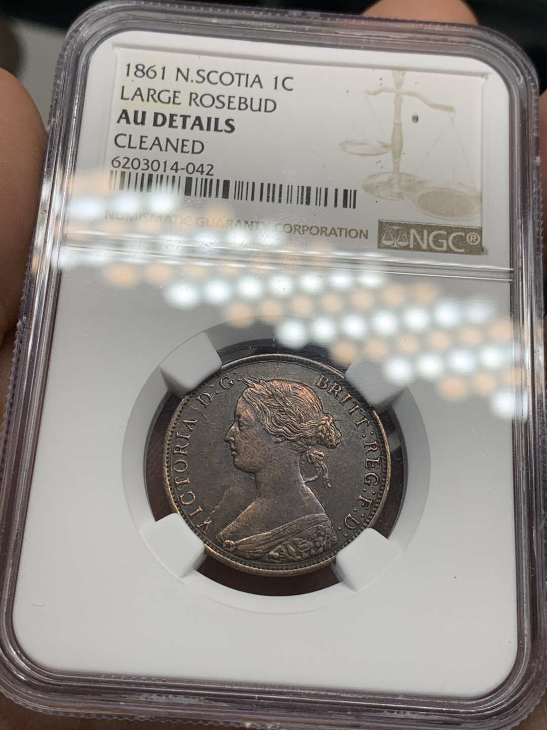 《竞宝斋》第46场-本周日，周一2场连拍（全场顺丰包邮） NGC 评级 美品老包浆 1861年 新斯科舍 壹分铜币 少见品种